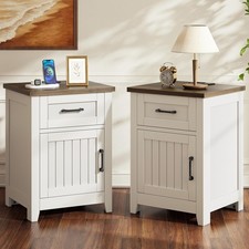 Farmhouse Nightstand With Charging Station Set Of 2 Modern End Tables With L...