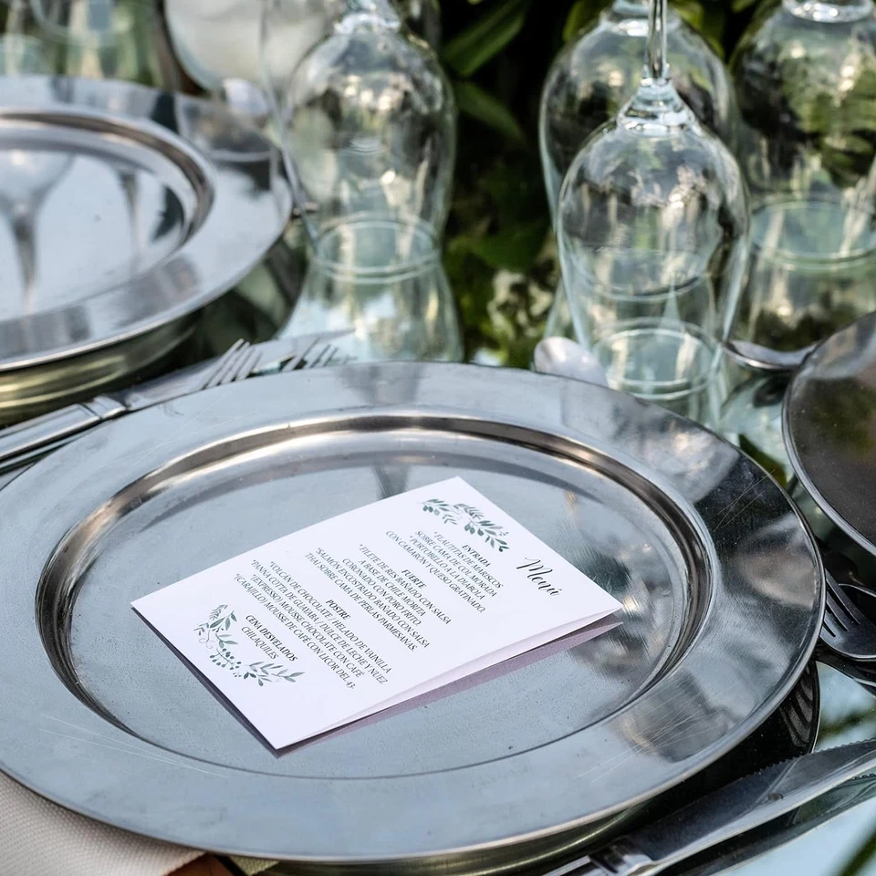 Placas de cargador hechas a mano de acero inoxidable de 13", placas de cargador plateadas, metal plateado Foto 3 de 4