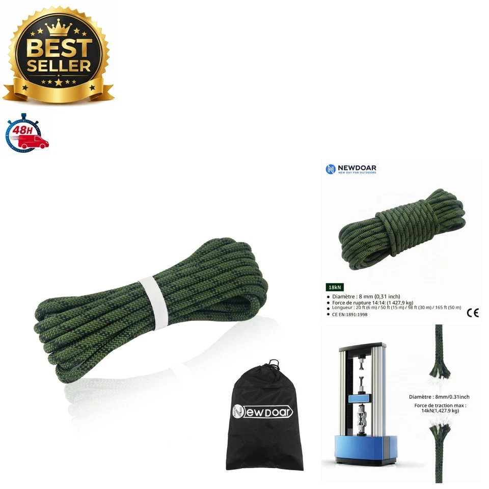 Corde d'escalade statique NewDoar 10mm 18KN - Haute résistance - Photo 1/4