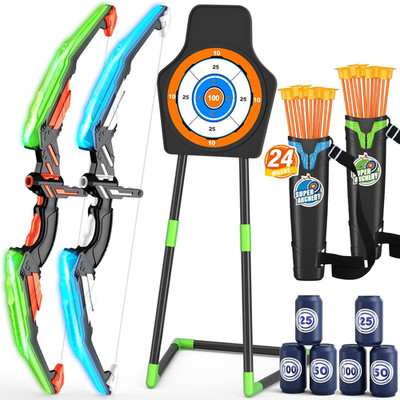 LED Bow and Arrow Set for Kids - 2 Pack with 24 Arrows & Target - Ages 4-8