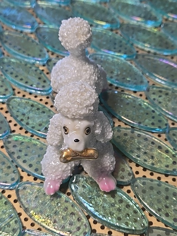 Vintage Porcelain Spaghetti Playful Poodle Figurine Pink Feet Gold Bone Japan