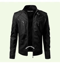MENS Genuine SHEEPSKIN BLACK LEATHER JACKET RETRO SLIM FIT Racer BIKER JACKET