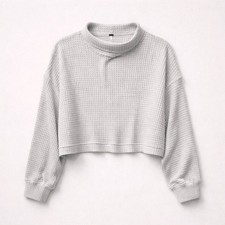 Free People Gray Waffle-Knit Cropped Pullover Sweater Cotton Blend Mock Neck