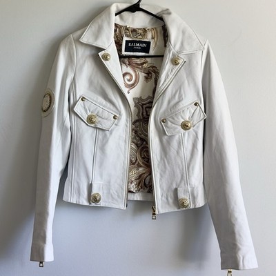 Balmain Women's White Leather Jacket Gold Buttons Silk Lining Short Size S