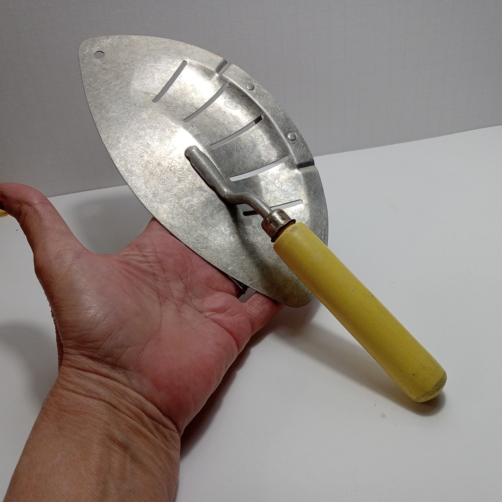 Vintage MCM Foley Aluminum Strainer Drainer Yellow Wood Handle USA PAT Pending