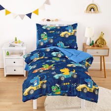- Dinosaur Toddler Bedding Set for Boys, Colorful Dino Race Car, 4 Pieces Sof...