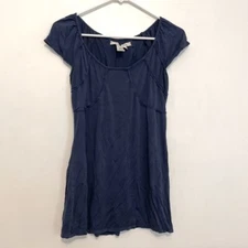 MAX STUDIO Navy Blue Seam Detail Scoop Neck Short Sleeve Viscose Blouse Medium M