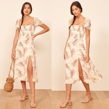 REFORMATION Leila Ivory Pink Floral Print Inka Smocked Bodice Slit Crepe Dress M