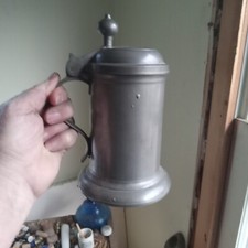 1800s EARLY HEAVY PEWTER TANKARD STEIN WITH FLIP LID HALLMARK SIGNED
