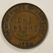1934 Australian Penny. Ungraded. Coin Pre-Decimal.