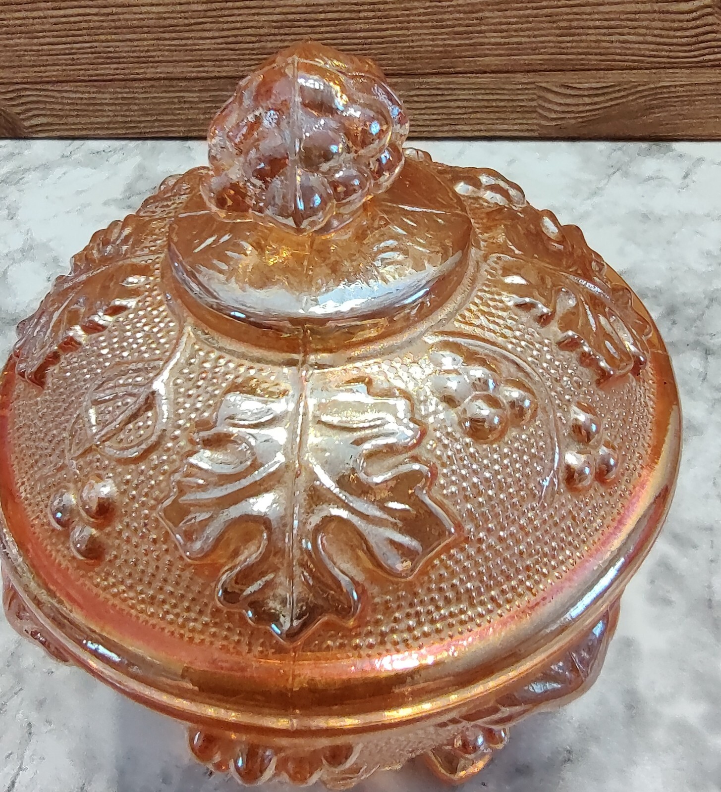 Jeannette Candy Dish With Lid Grape Vine Orange Marigold Stippled 1950s - 60s