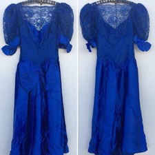 Vintage Alfred Angelo 80s 1980s Prom Dress Puffy Bows Satin Lace Blue size 5 6