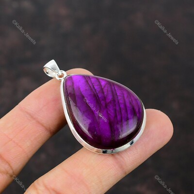 Natural Purple Fire Labradorite Gemstone Pendant 925 Sterling Silver Jewelry