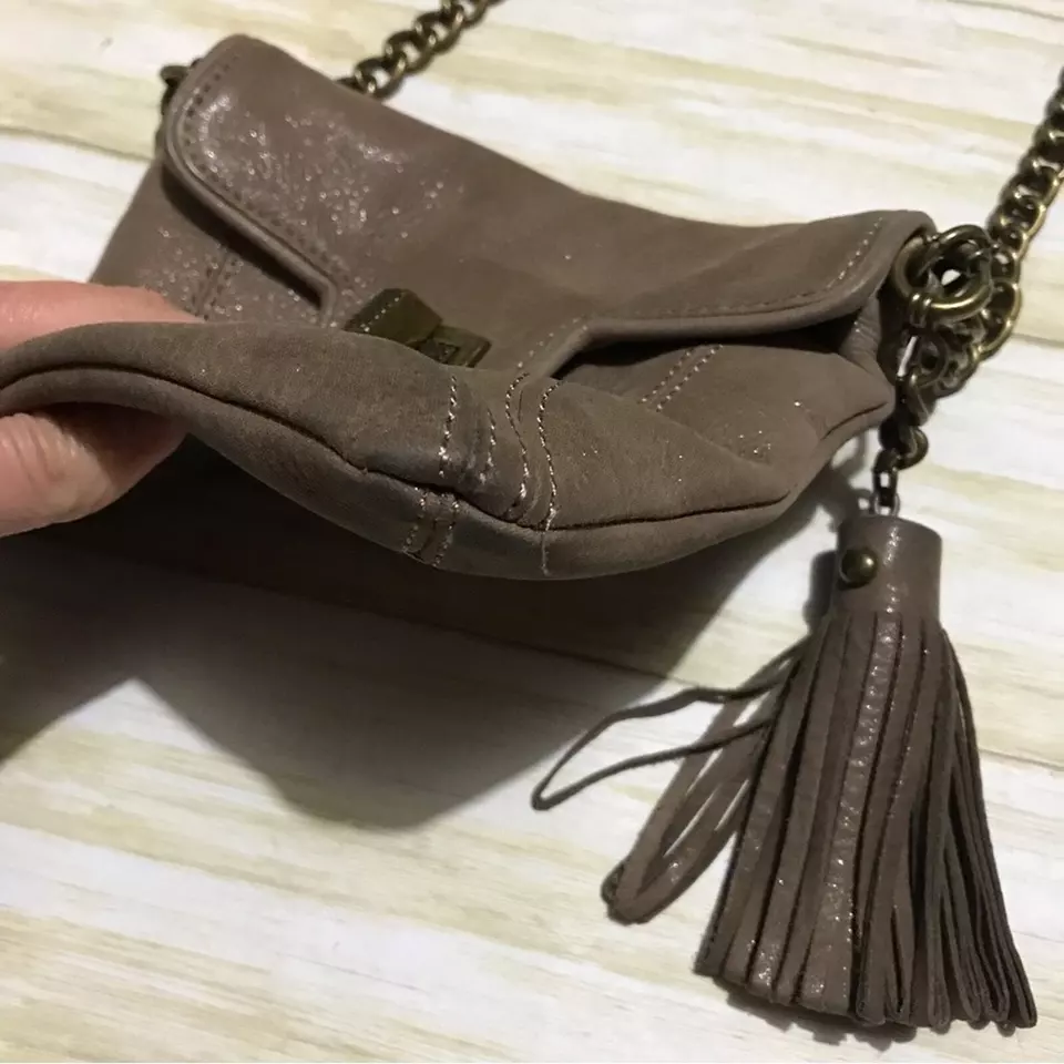 Ann Taylor Brown Gray Leather Metallic Fringe Tassel Chain Shoulder Bag Purse - Image 4 of 4