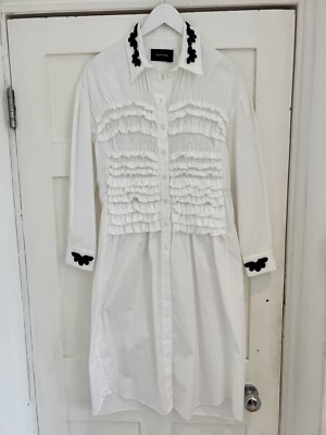 Simone Rocha White Ruffle Midi Poplin Shirt Summer Dress UK12