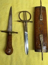 Antique Brass And Carved Wood Sheath Knife & Scissor - Used Has Flaws Read -