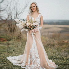 Champagne Mermaid Wedding Dress Applique Lace Long Sleeve Bridal Gown Train