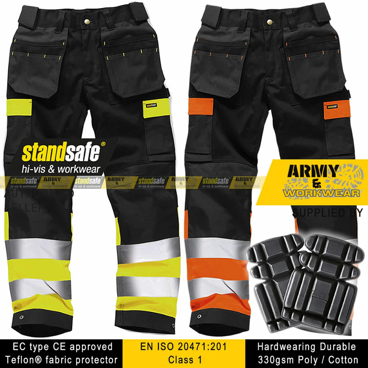 Hi Viz Mens Work Trouser Tuff Multi Pocket Pants Triple Stitched FREE KNEE PADS