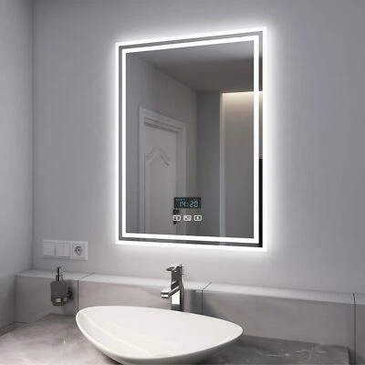 EMKE Bluetooth Bathroom Mirror With Shaver Socket LED Lights Clock Demister Pad