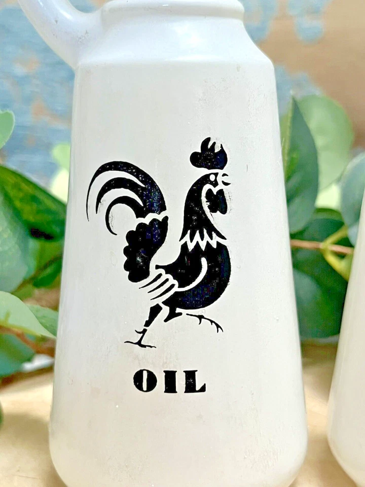 DE COLECCIÓN ANCHOR HOCKING ROOSTER Blanco y Negro CRUET Set ACEITE Y VINAGRE VIDRIO DE LECHE Foto 3 de 4