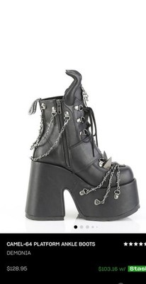 Demonia CAMEL-64 Black Leather Platform Ankle Boots Lace Up Chain Buckle 6