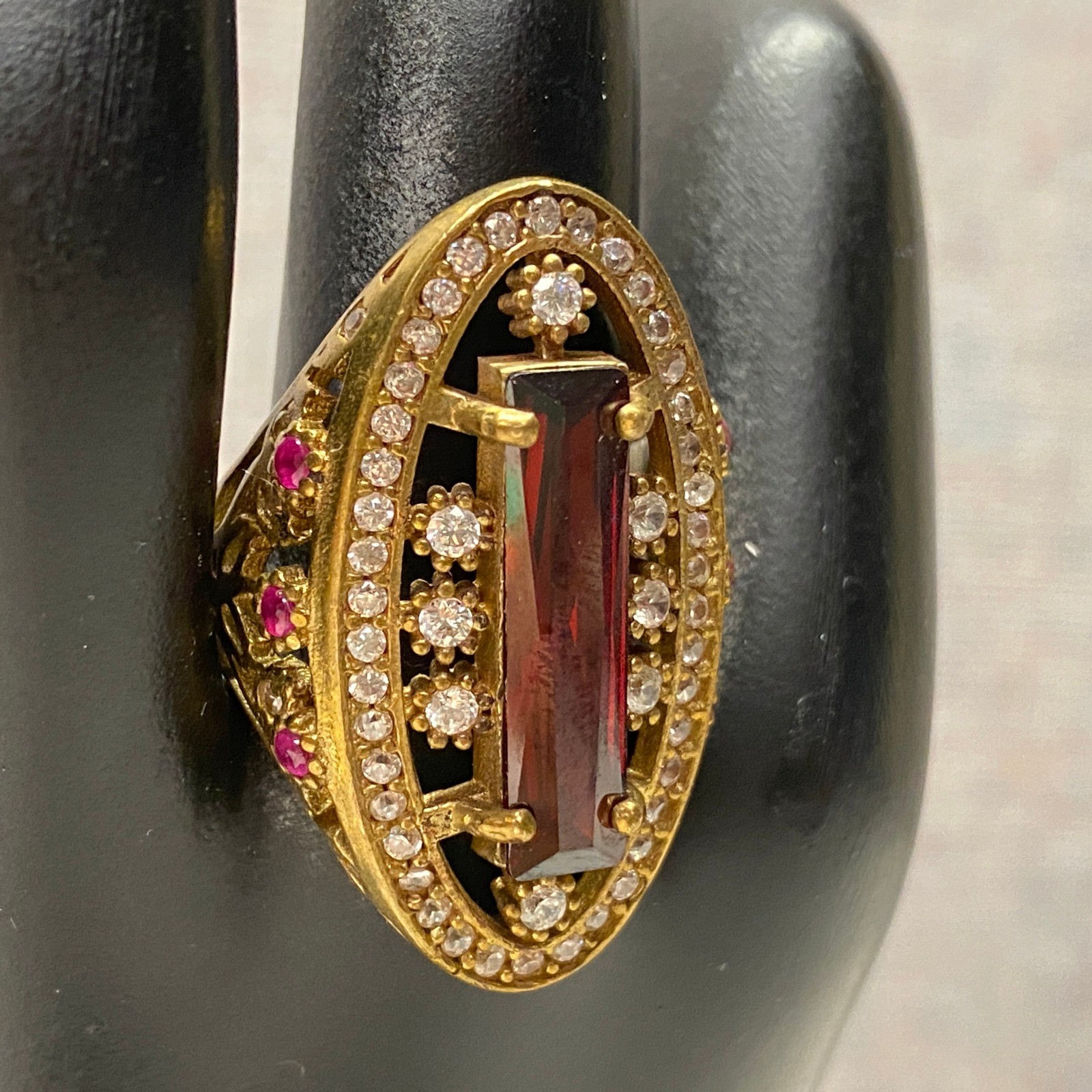 Statement Cocktail Ring Rectangle Red Gemstone Cl… - image 4