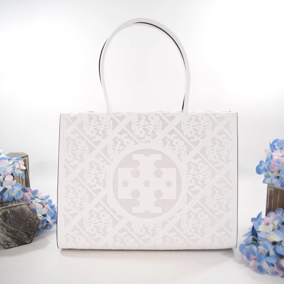 Bolso de Mano Pequeño Tory Burch Ella Blanco Perforado Floral Cuero Bio Vegano Nuevo con Etiquetas Foto 3 de 4