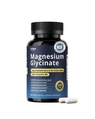 Magnesium Glycinate 200mg with Vitamin B6 for Women & Men,120 Capsules