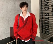 Men's New Fashion Winter V Neck Long Sleeve Loose Warm Kniting Pullover Sweaters