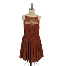 00662 Free People Crochet Tunic Dress Brown size Small bohemian western beach