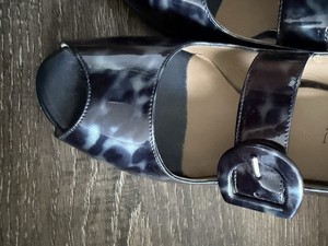 Anyi Lu Blue Black Patent Leather Slingback Heels Buckle Peep Toe Abstract