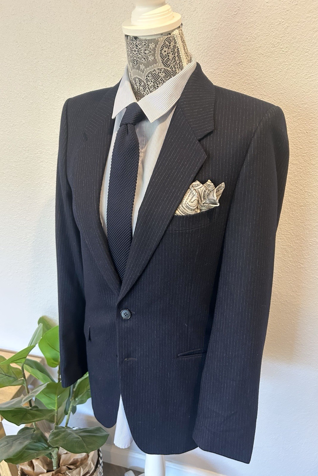 Blazer sportivo cappotto lana gessato vintage uomo YSL Yves Saint Laurent blu navy 38R