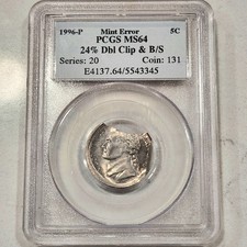 1996 US MINT ERROR Jefferson Nickel 5C US Coin 24% Double Clip & B/S - PCGS MS64