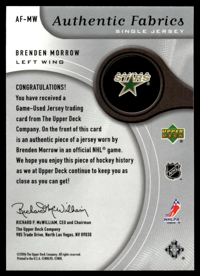 2005-06 SP Game Used Authentic Fabrics Brenden Morrow Dallas Stars #AF-MW - Image 2 of 2