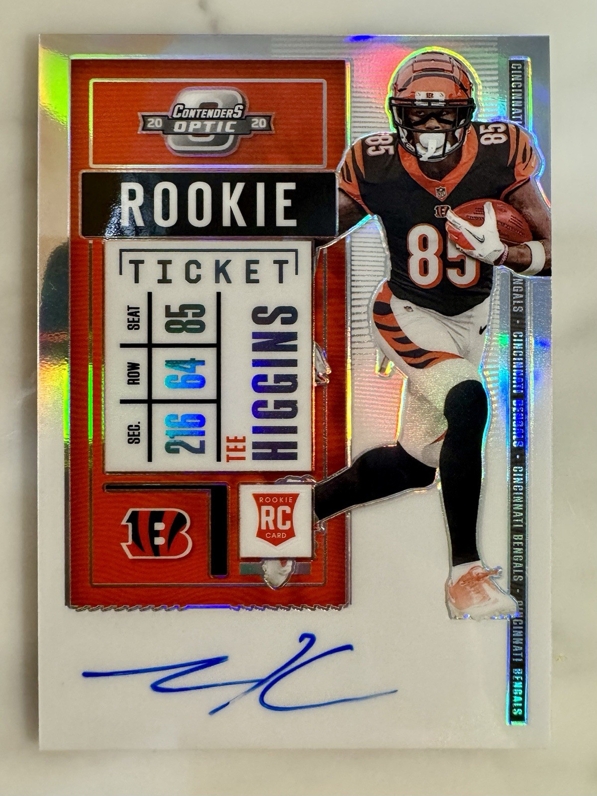 2020 Contenders Optic TEE HIGGINS Rookie Ticket Silver Prizm Holo RPS #113 Auto
