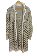 VTG HandKnit Taupe Crochet Long Shacket  Cardigan Cottage Boho Hippy Long Sz M/L