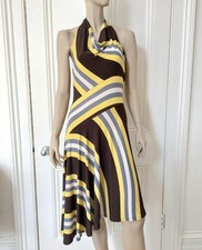 BCBG Maxazria Halterneck Dress Medium Asymmetric Stripes Backless Fit & Flare
