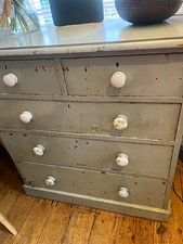 Rustic Blue/Grey Painted Pine Chest of Drawers 5 Drawer White Knobs 95cm