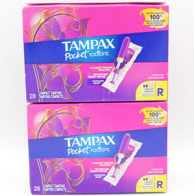 Tampax Pocket Radiant Regular Absorbency Compact Tampons 2 Boxes 28 Ct Ea Box