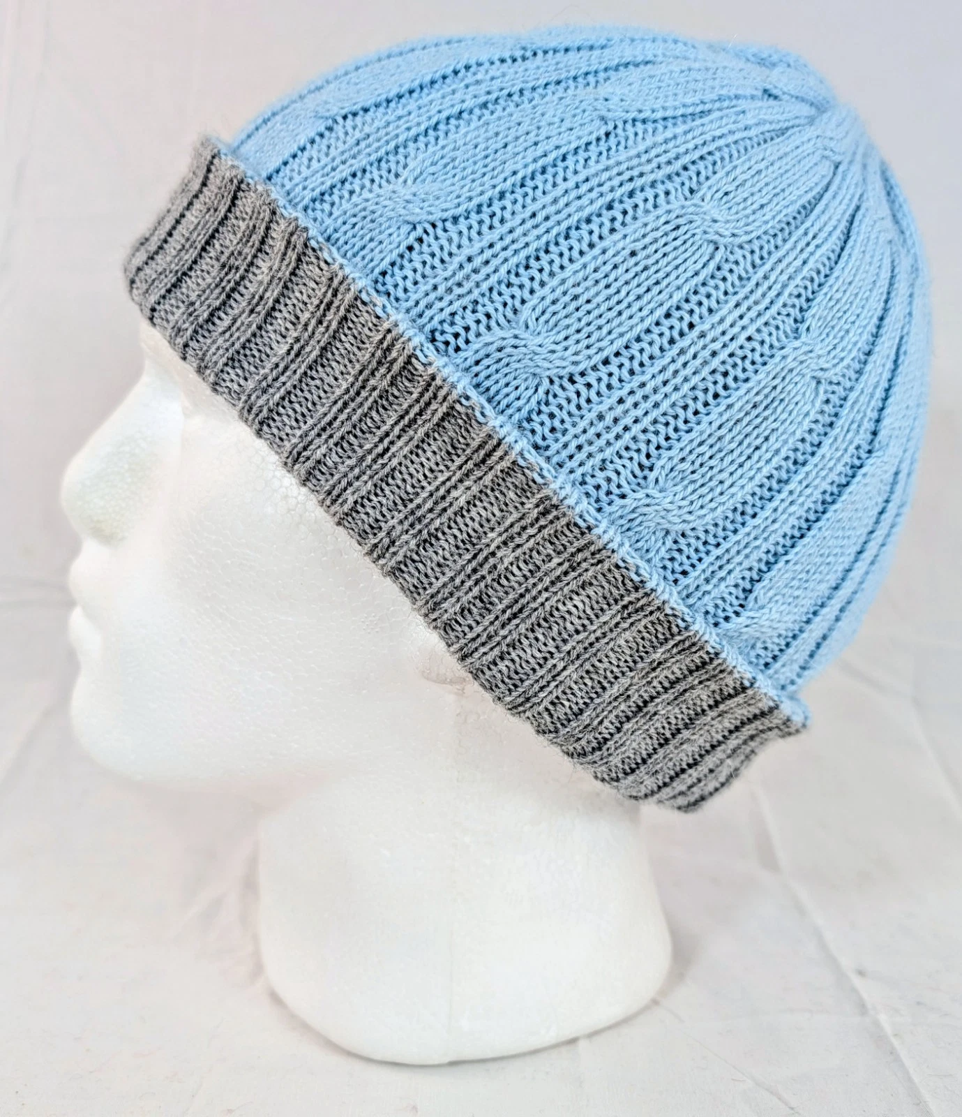 Extra Soft Baby Alpaca Reversible Cable Knit Beanie Light Blue Gray Handmade