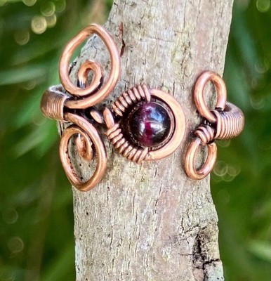 Handmade Garnet Statement Ring Size 9.5 Wire Wrapped Copper Adjustable Flower