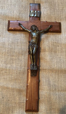 Antique French XL Church salvage wooden wall crucifix metal Corpus Christi ~26 "