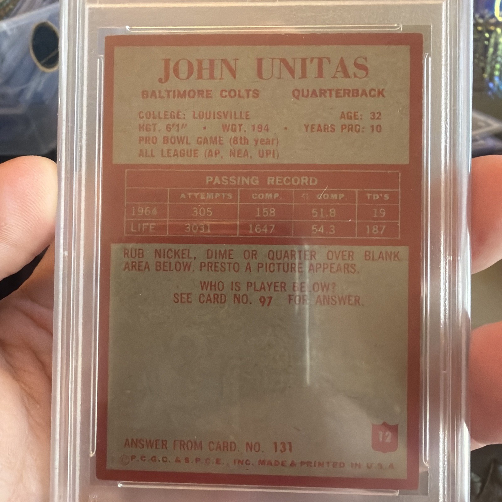 1965 Philadelphia - John Unitas PSA Grade 7 High Grade Rare view 3