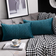 12X20 Teal Throw Pillow Cases: 2 Pack Original Striped Velvet Rectangular Decora