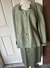 VINTAGE 60s 2 Pc Green Suit Set Jacket Skirt Knee Length Skirt Large
