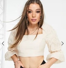 asos Forever New Puff Sleeve Square Neck Top Cropped Cream Color Size XL
