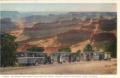 On Hermit Rim Drive Near Mojave, Old Buses Grand Canyon AZ Fred Harvey Postcard