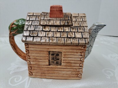 Vintage Eddie Bauer Ceramic Log Cabin Teapot Brown Made In Japan W/ Original Tag