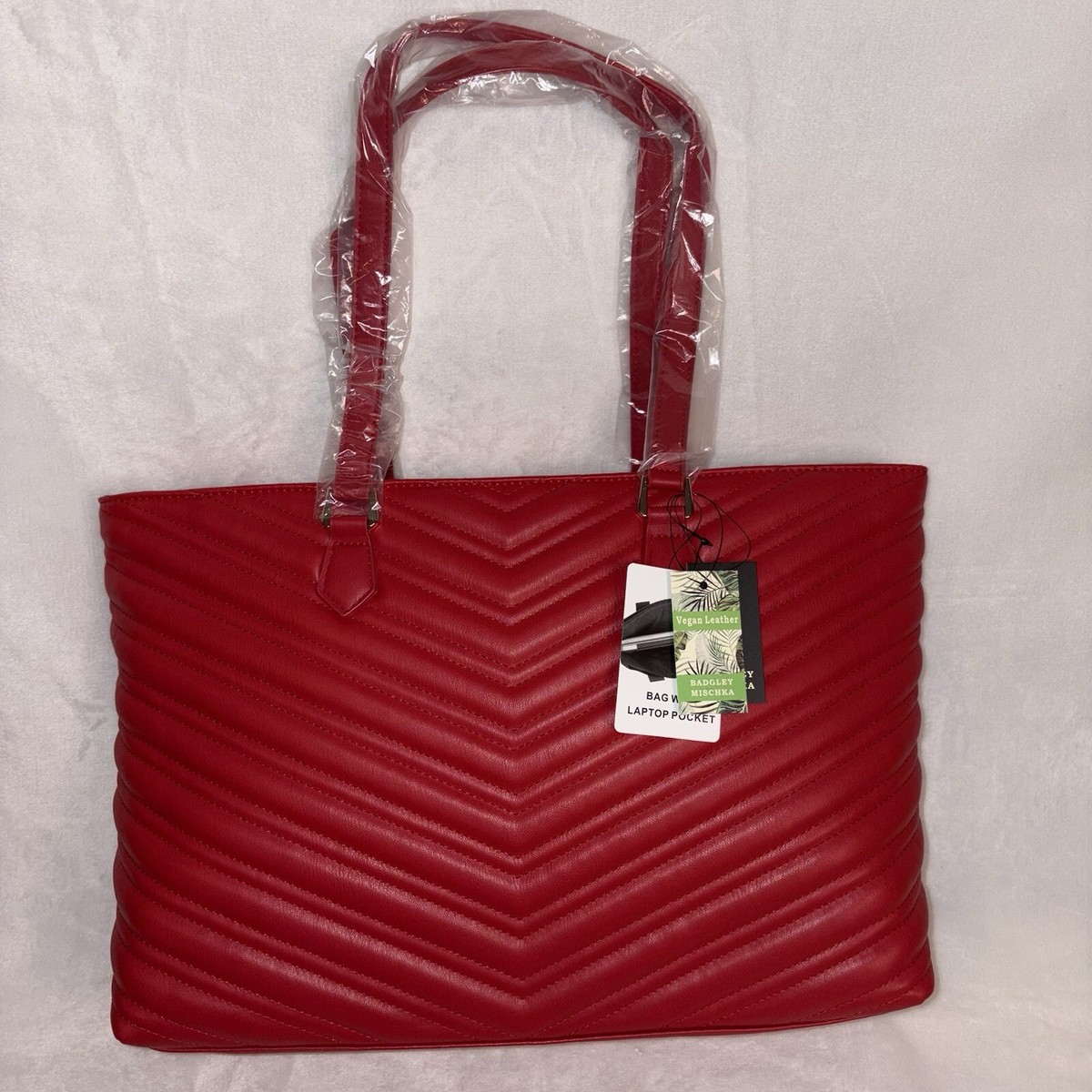 Badgley Mischka Red and Gold Quilted Backpack with Chevron Design Badgley Mischka Chevron Quilt Tote Bag W/Laptop Pocket•NWT  main image 4