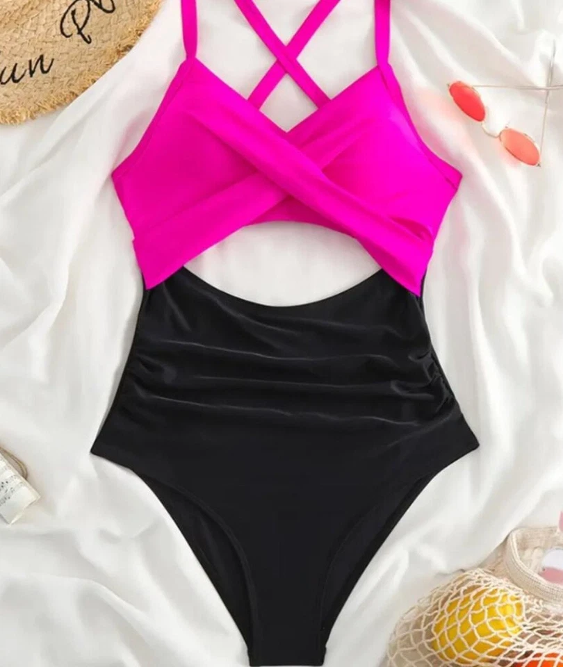 Traje de baño de una pieza elástico recortado en bloques de colores para mujer lazo cruzado Foto 2 de 4